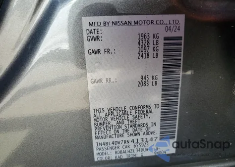 2024 Nissan Altima Sv из США, поврежденный, VIN 1N4BL4DV7RN413147